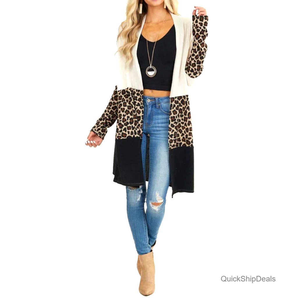 Open Front Long Cardigan With Pockets, Snap Closure, Loose Fit